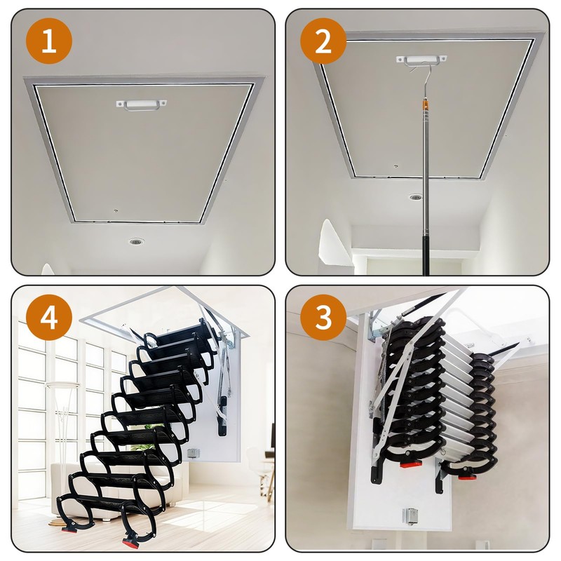 Attic Pull-Down Hook Kit with Adjustable Telescopic Rod and Ladder