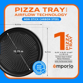 Emporio Kitchen Pizza Baking Pan - 15.75-Inch Round Perforated Carbon Steel Tray with Non-Stick Coating, Dishwasher Safe, Oven Safe (Up To 450° F), Airflow Design, PFOA, PFOS, PTFE Free, Gray