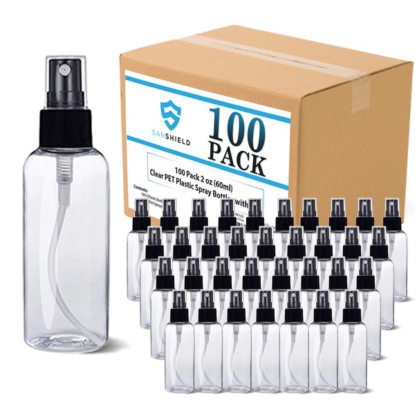 SANSHIELD 100 Pack 2 oz (60 ml) Clear PET Plastic Spray Bottles with Cap, Refillable and Reusable, Portable Travel Size Small Mist Bottles