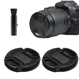 Lens Caps, 2 Pieces Front Lens Cap, Universal Lens Cap, Lens Cap Holder,with 1 x Lens Brush,Compatible Universal Lens Cap for Cameras with 58mm Lens - Black