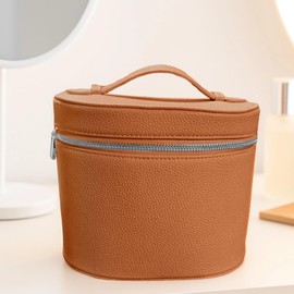 Vanity Case Travel Makeup Bag with Handle, Brown PU Leather Round Organizer, Waterproof Zippered Cosmetic Storage, Detachable Dividers, Holds Bottles for Toiletries and Skincare