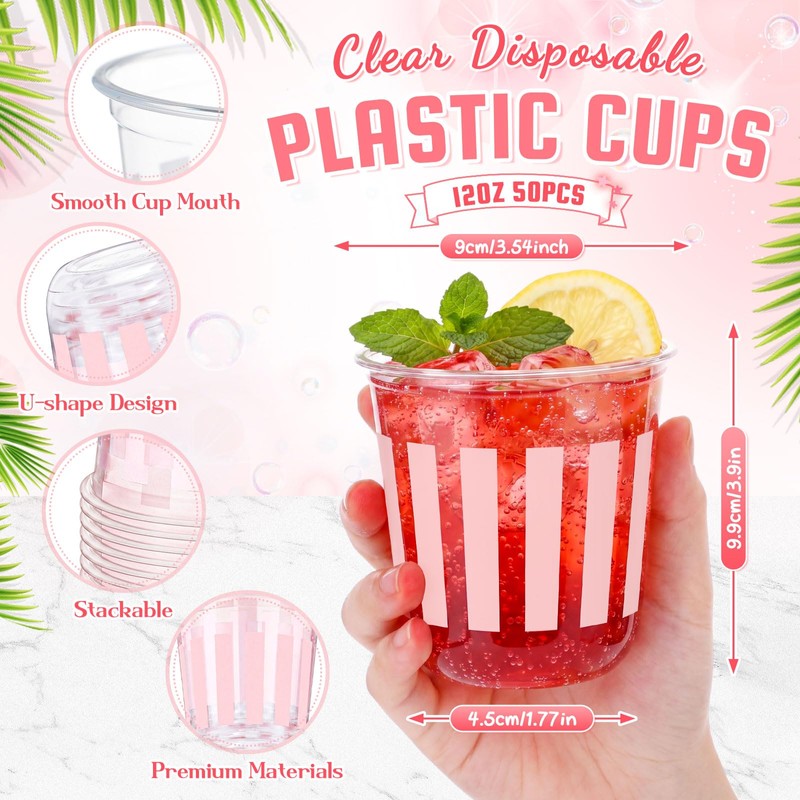 50 Pcs Pink Striped Plastic Cups Disposable 12oz