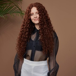 Noble Star Long Curly Lace Front Wigs, 30 Inches, Middle Part, HD Lace Front Wigs with Baby Hair, Super Soft Organic Hair, Synthetic Wigs for Women, 130% Density (Brown Colour)