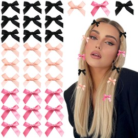 NOVIIML 0PCS Bow Hair Clips 3 Colors Mini Hair Bows Kawaii Hair Ribbon Clips Black Pink Satin Bow Hair Accessories for Women Girls