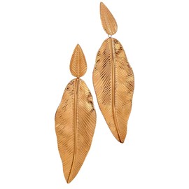 18K Yellow Gold Plated Stainless Steel Leaf Drop Bohemian Earrings Nickel Free Hypoallergenic Waterproof