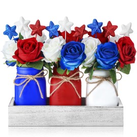 Nuogo 4th of July Mason Jar Centerpiece for Table Independence Day Farmhouse Mason Jar Decor Include 1 Decorative Wood Tray 3 Decorative Jars 15 Rose Flowers 9 Star Sticks for Home Decorations