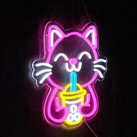 Virlusy Cat Boba Tea Neon Sign for Wall Decor Dimmable Cute Cat Led Light Signs Bubble Tea Neon Light for Cafe Bar Kitchen Restaurant Coffee Dessert Shop Kids Room Decoration Gift for Girls Kids