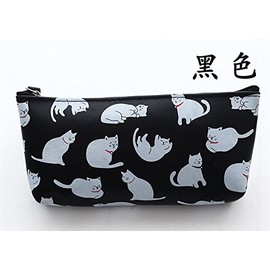 Gifts UK® Kitten Cats PVC Plastic Cute Pencil Cases Cosmetics Make Up Bags Pen Pouches *UK Stock* (Black Case with White Cats)