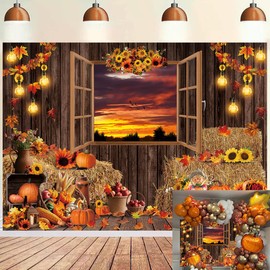Fall Backdrop for Photography Autumn Pumpkin Sunflowers Rustic Wooden Barn Window Background for Fall Theme Birthday Baby Shower Party Decorations Thanksgiving Day Banner (7x5FT（210x150cm）)