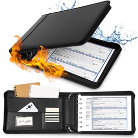 Henoyso 7 Ring Fireproof Business Checkbook Binder with Zipper 1.5 Inch D Rings Check Binder 9 x 13 Inch Checks 600 Sheets Capacity Built in Storage Organizer for Office Storage(Black)