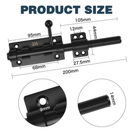 GothicBride 304 Stainless Steel Door Bolt Bolt Bolt 14 mm Gate Bolt Lock Floor Slider with Padlock Hole, Black Riegcel Lock Door Bolt Outdoor Sliding Bolt for Home Yard Garden (20 cm)