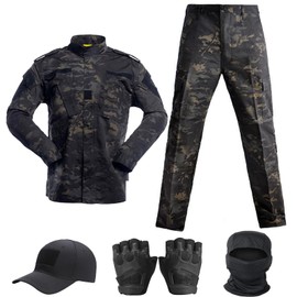 SANYETS Combat Uniform,Tactical Jacket and BDU Pants,Cap Gloves Balaclava Set,Black Camo Suits Paintball Clothing for Men