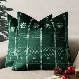 Foindtower Pack of 2 Decorative Velvet Christmas Pattern Throw Pillow Covers Holiday Print Cushion Cover with Snowflake Accent Pillowcase for Couch Sofa Living Room Home Decor,18×18 Inch,Dark Green