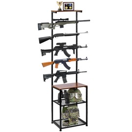 SHOATTAKEEN Gun Rack for 5 Rifles - Indoor Gun Rack for Wall Mount, Heavy Duty Stand Rifle Storage Organizer with 2 Bottom Storage Compartments for Ammo Boxes, Tactical Helmets & Accessories