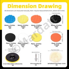 Mardatt 11Pcs 6" Car Foam Polishing Pad Kit Includes Sponge and Wool Wheel Polishing Waxing Pad Set, Suction Cup with M10 Drill Buffer Adapters for Car Polishing Buffing