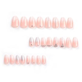 Almond Press on Nails Medium Nude Fake Nails White Gradation False Nails with Designs French Glitter Rhinestones Glue on Nails Glossy Full Cover Acrylic Nails Stick on Nails for Women Nails Decoration