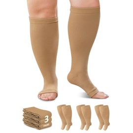 AMITOFO Toeless Compression Socks for Men Women, 20-30mmHg Medical Grade Support for Circulation, Edema, Varicose Veinss Suitable for Nursing, Travel, Running-3 Pairs, 5XL Nude