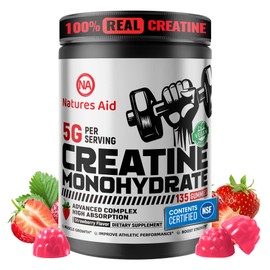 Natures Aid NSF Certified Creatine Gummy 5g - Creatine Monohydrate Gummies – Pre-Workout Energy & Muscle Growth Support for Men & Women | Strawberry Electrolyte Gummies (135 Count)