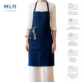 My Linen Home I Linen Smock Apron I 100% Stonewashed Linen I Apron Women I Cooking Apron Men I Kitchen Apron with Two Pockets I Grill Apron I Adjustable Size I Linen Apron, darkblue