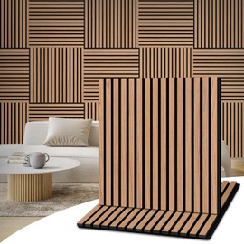 DOLLAR BOSS Wood Slat Acoustic Panels for Wall, 23.6" x 23.6" 2Pcs Soundproof Absorbing Wall Panel with Wood Finish 3D Fluted, Oak