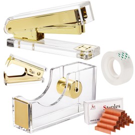 Hiceeden Acrylic Gold Stapler and Tape Dispenser Set, Desk Accessories Office Supplies Includes Tape, Staple Remover and 1000pcs 24/6 Staples, Modern Cute Stapler Set for Desk
