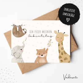 MeinBaby123® 10 Children's Birthday Party Invitation Cards, Boys and Girls Birthday Invitations, Safari Animals, Includes 10 Envelopes, Premium Quality (Cute Animals V2)