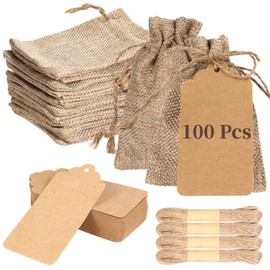 100 Pcs Burlap Gift Bags With Drawstring, 3 x4 inch Small Burlap Sacks with 100 Pcs Kraft Paper Gift Tags & Strings, Drawstring Favor Bags, Reusable Linen Jewelry Pouches for Wedding Party Gift Wrapping
