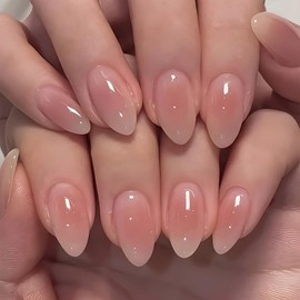 24Pcs Fake Nails Nude Press on Nails Short Almond False Nails Gradient Nails Press Ons Glossy Full Cover Stick on Nail DIY Acrylic Glue on Nail for Women and Girls