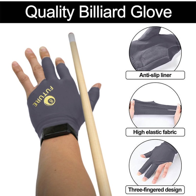 DLPRK 2 Snooker-Handschuhe, verstellbare Nylonhandschuhe, Dreifingerhandschuhe, atmungsaktiv, grau (Linke Hand)