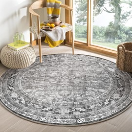 OPPODREAM Vintage Grey Round Rug 4ft, 4 ft Retro Washable Circle Rug Non Slip, Low-Pile Faux Wool Circular Carpet, Soft Distressed Gray Floor Mat for Living Room, Bedroom, Office, Dorm, Dinning Room