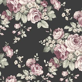 Norwall AF37700 Grand Floral Pre-Pasted Wallpaper, Black, Ebony, Plum, Pink, French Rose