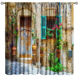 Yoakiet Italian Style Curtains, Mid-Century Vintage Old Street Scenery Courtyard Rustic Style Print Rod Pocket Window Treatments Drapes for Bedroom Kitchen Living Room 42" W X 45" L