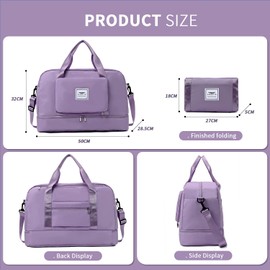 FIORETTO Womens Foldable Weekend Bag Overnight Hospital Bag with Shoes Compartment & Wet Pocket, Water Resistant Gym Bag Duffle Bag Travel Bag Holdall for Women Men Purple