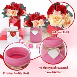 Nefelibata Valentines Day Mini Mason Jar Floral Table Centerpiece Tiered Tray Decor with Faux Plants Artificial Red Rose Eucalyptus Leaves Farmhouse Rustic Housewarming Valentine Gifts Set of 3 Spring