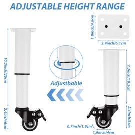 LOPYXBR Set of 4 Metal Adjustable Furniture Legs with Wheels 7-12 Inch White Adjustable Table Legs with Casters Heavy Duty Bed Support with Brake Table Legs with Wheels for Cabinet Sofa Bed, 440LBS