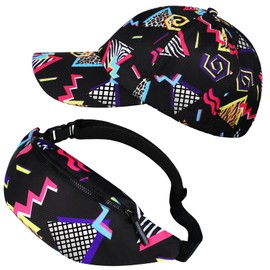 Sotiff 2 Pcs Retro 80s 90s Outfits for Women Men 80s Fanny Pack and Hat 90s Costumes Adjustable Waist Bag Bucket Hats for 90s Themed Party(Classic Style)