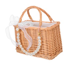 CAXUSD Flower Girl Basket with Pearl Chain Bow Woven Decorative Handbag for Weddings Picnics and Home Decor Versatile Small Braided Basket for Flowers and Storage