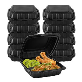 8" X 8" 3-Compartment To Go Food Take Out Containers Boxes With Lids | 50 Pack Microwaveable Black Mineral-Filled Disposable Togo Plates Clamshell Containers With Dividers For Lunch Home Carry Away
