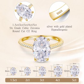 BAGUTTA PAVONE 3CT CZ Oval Cut Engagement Rings for Women,Women’s 925 Sterling Silver Solitaire Wedding Bands Engagement Promise Rings for Her with 18K Yellow Gold Plated Size 8.5