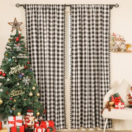 Bentrilisa 2 Pieces Black White Buffalo Plaid Curtains with Pom Poms 84 Inches Long Vintage Light-Filtering Panels Gingham Check Rod Pocket Window Curtain for Bedroom Kitchen Living Room