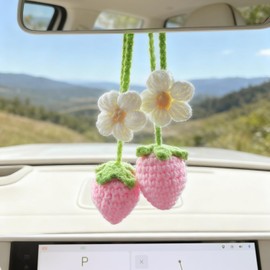 Crochet Strawberry Car Accessories, Handmade Strawberry Car Hanging Ornament, Pink Rearview Mirror Hanging Accessories Cute Hanging Decor for Women and Girls - 2PCS