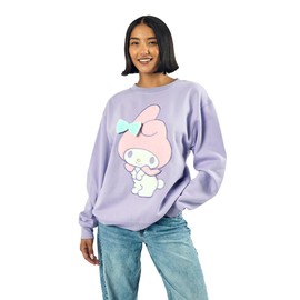 My Melody Big Face Plush Character Women's Purple Crew Neck Long Sleeve Oversized Fleece Sweatshirt-XL