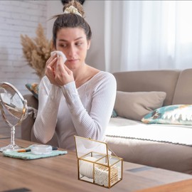 SUMTree Contenitore per batuffolo di cotone, in vetro, per toeletta, organizzatore a 2 scomparti, per bagno, soggiorno, contenitore decorativo in vetro con coperchio per cosmetici, gioielli (oro)