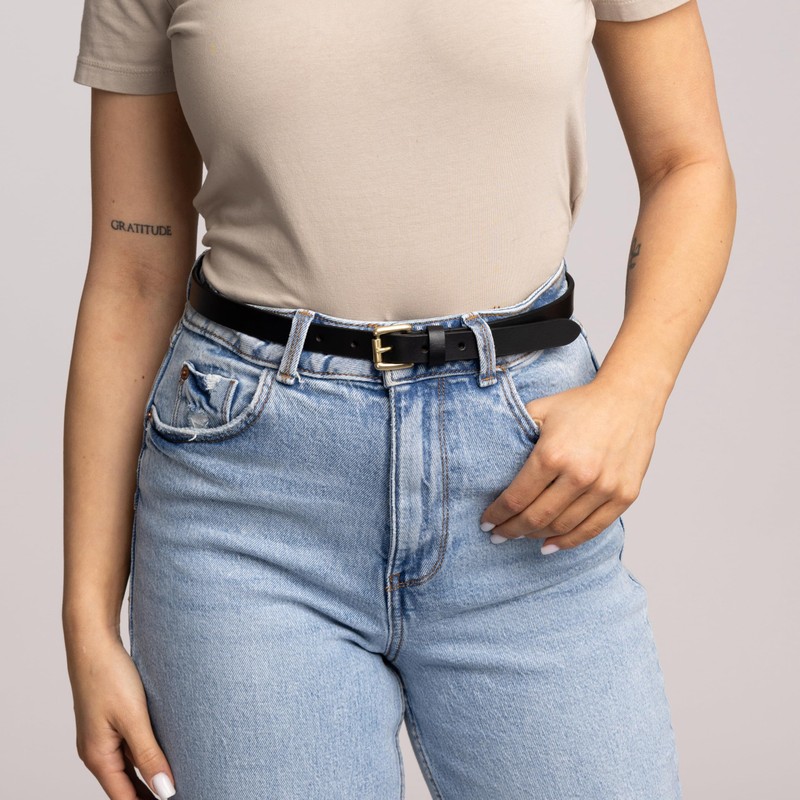 Gusti Sarina Simple Slim Leather Belt with Golden Buckle Waist