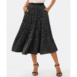Oyamiki Womens Midi Skirt Print Dot Flowy Ladies Swing Light Weight Work Summer Pockets Skirts, M Black