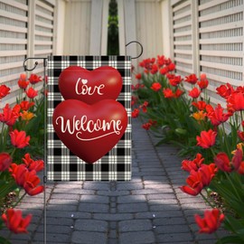 Girlly Heart Garden Flag Double Sided 12x18 Inch Red Love Heart Buffalo Plaid Sign Welcome Yard Flag Farmhouse Outdoor Anniversary Wedding Decor Burlap