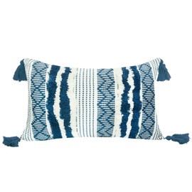 LIGICKY Decorative Boho Lumbar Pillow Covers, Blue and White, 30 x 50 cm, Neutral Accent Rectangle Throw Pillow Covers, Hand-Woven Tufted Tassel Farmhouse Pillowcase for Couch Sofa Bed Living Room
