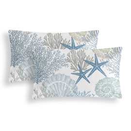 Tritard Nautical Coastal Throw Pillow Covers 12x20 Inches Set of 2 Beach Themed Ocean Seashell Coral Starfish Velvet Couch Lumbar Pillow Cover Outdoor Sofa Cushion Cover for Bedroom Living Room, Blue