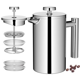 Miuly 21 oz Stainless Steel French Press Coffee Maker 600ML Stainless Steel Coffee Press with 3 Level Filtration System, Double Wall Insulated French Press with 2 Filters, Silver