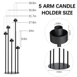 39.4''Matte Black Candle Holder with Acrylic Shades Tall 5 Arm Candelabra Black Table Centerpiece for Wedding Living Dining Room Fireplace Decoration Fit 0.98''LED Taper Candle